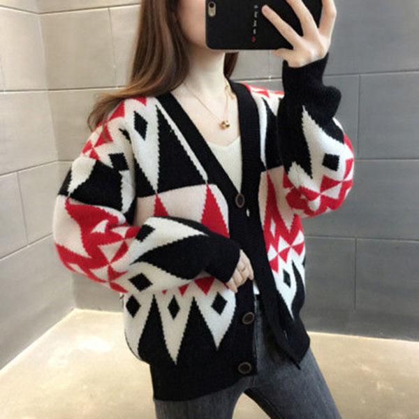 Vintage Spring Autumn Women's Color Block Checked Cardigan Sweater Loose  Short Knit  Jacket Coat