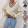 Autumn French Stripe V Neck Casual Loose Knit Sweater Top Women's Luxurious Relaxed-fit Slimming and Versatile Top