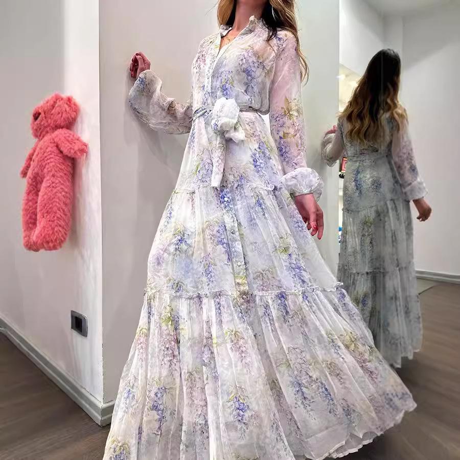 Женское шифоновое платье с принтом Кардиган с большим поясом, цветочным узором, длинный стиль