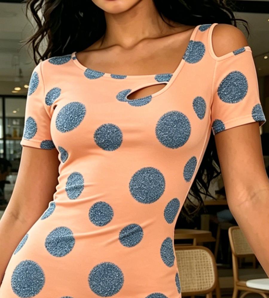 Women Summer Orange Blue Glitter Polka Dot Bodycon Midi Dress Cold Shoulder Slim Fit Sexy Cutout Elegant Dress