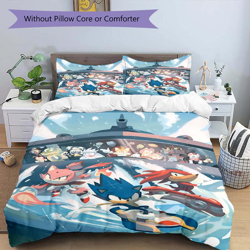 3pcs Duvet Cover Set (1*Duvet Cover + 2*Pillowcase, Without Core), Sonic Print Bedding Set, Bedroom Decor, All‑Season, Birthday Gift