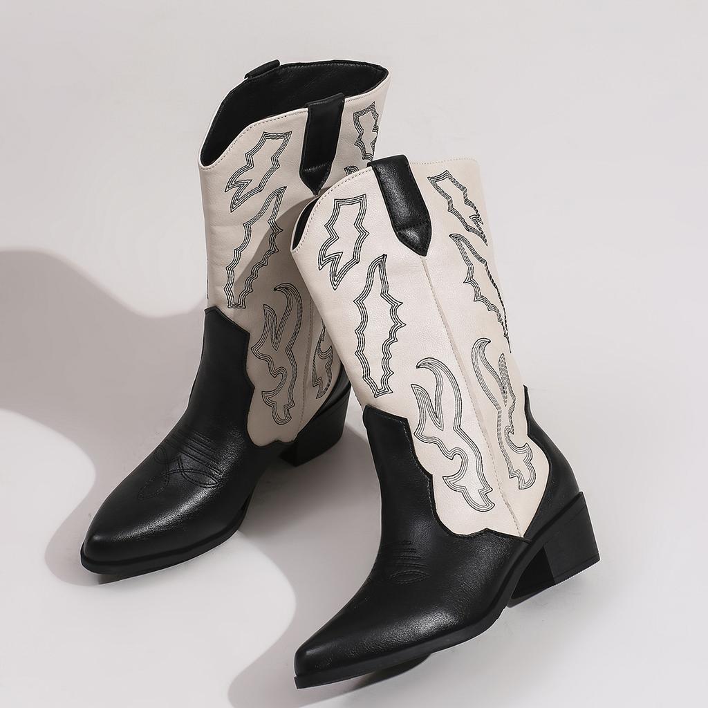 Fashion Mix Color Embroidered Mid Calf Western Boots Women Faux Leather Chunky Heeled Pointed Toe Cowboy Boots Woman Autumn Winter 2024