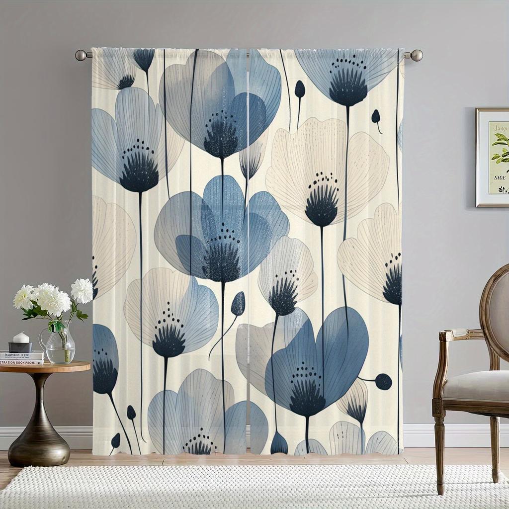 2Pc Fresh Floral Print Curtains, Polyester Fabric, Machine Washable, Suitable For Bedroom And Living Room Decoration