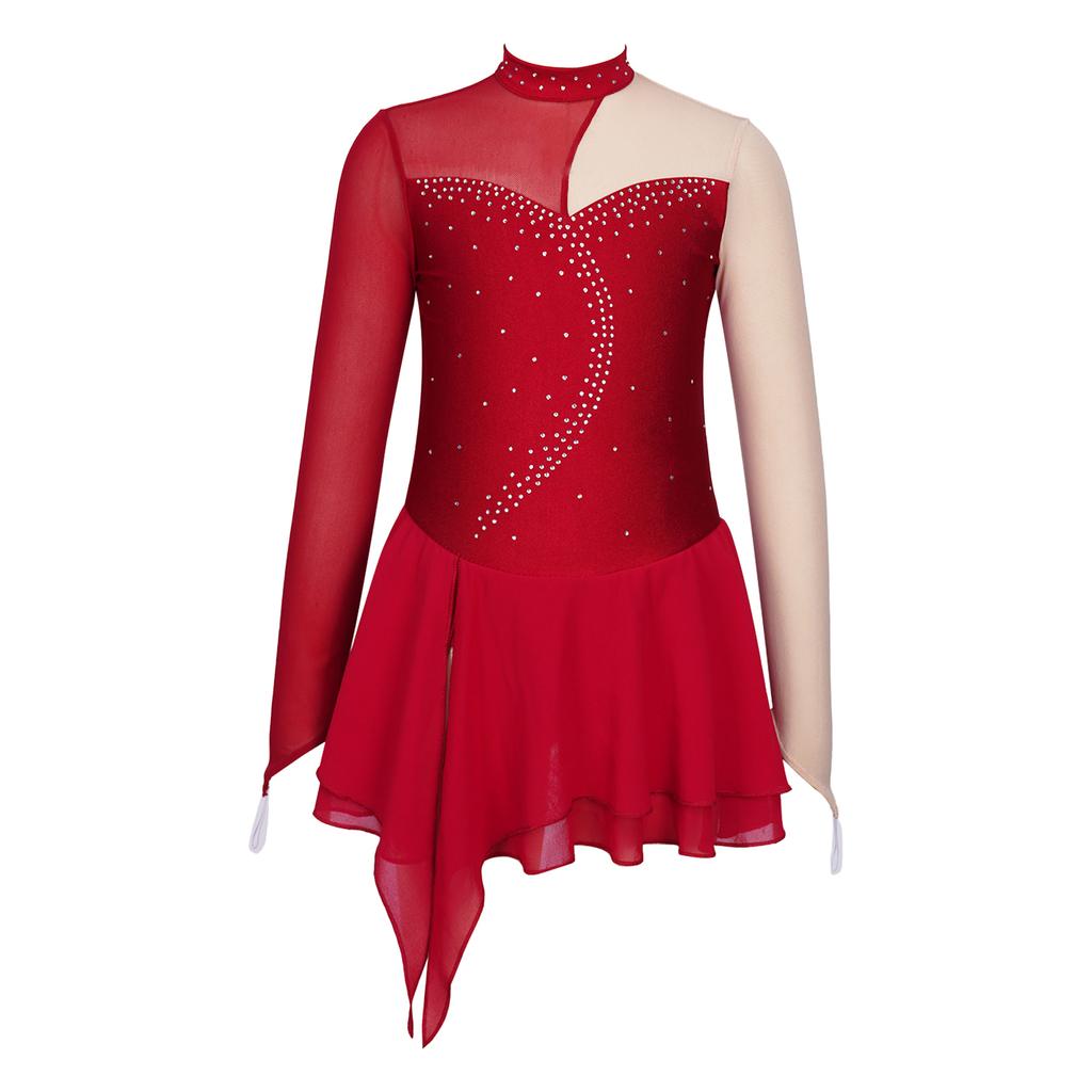 Girls Performance Dress Long Sleeve Round Neck Patchwork Design Hollow Back Rhinestone Skating Wear
