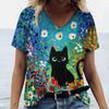 Summer Cartoon Cat Women's T Shirts Vintage Short Sleeve Tops Girls V-Neck Tees Female Clothing Oversized Pullover