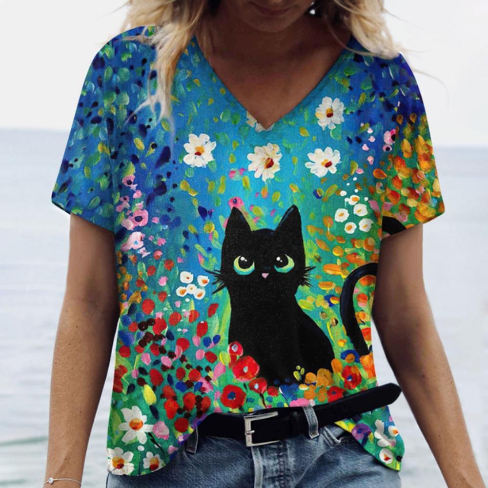 Summer Cartoon Cat Women's T Shirts Vintage Short Sleeve Tops Girls V-Neck Tees Female Clothing Oversized Pullover