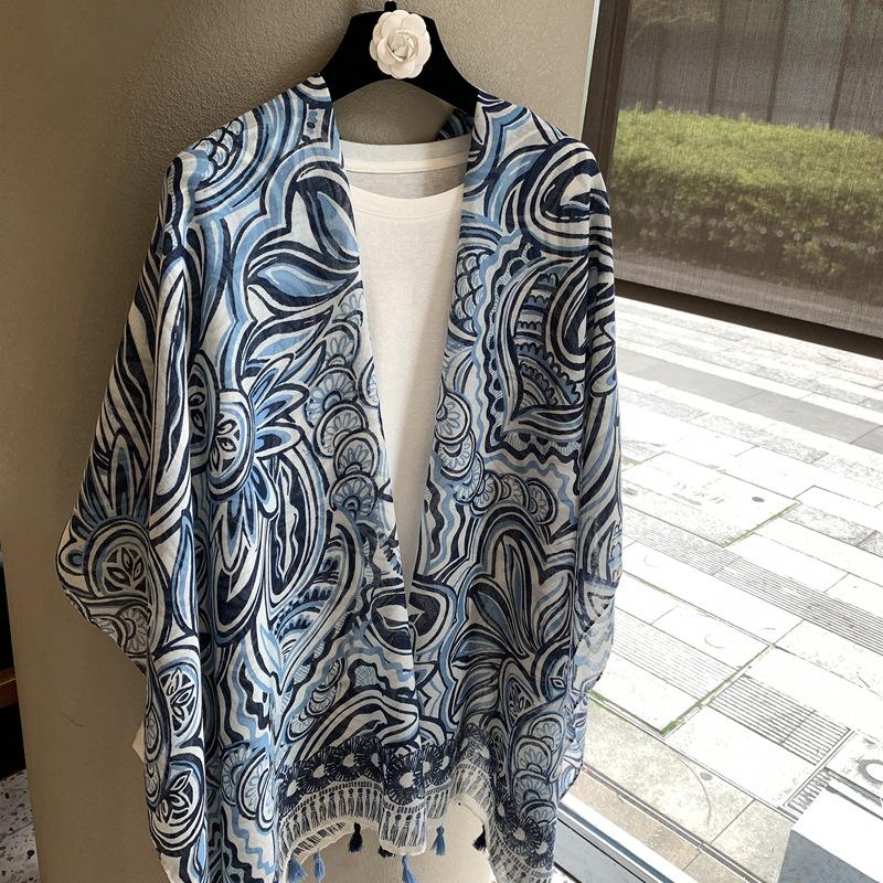Cotton And Linen Feel Cape Sunscreen Shawl Exotic Ethnic Style Hanging Beard Soft Printing Large Silk Scarf Broken Large Flower Scarf