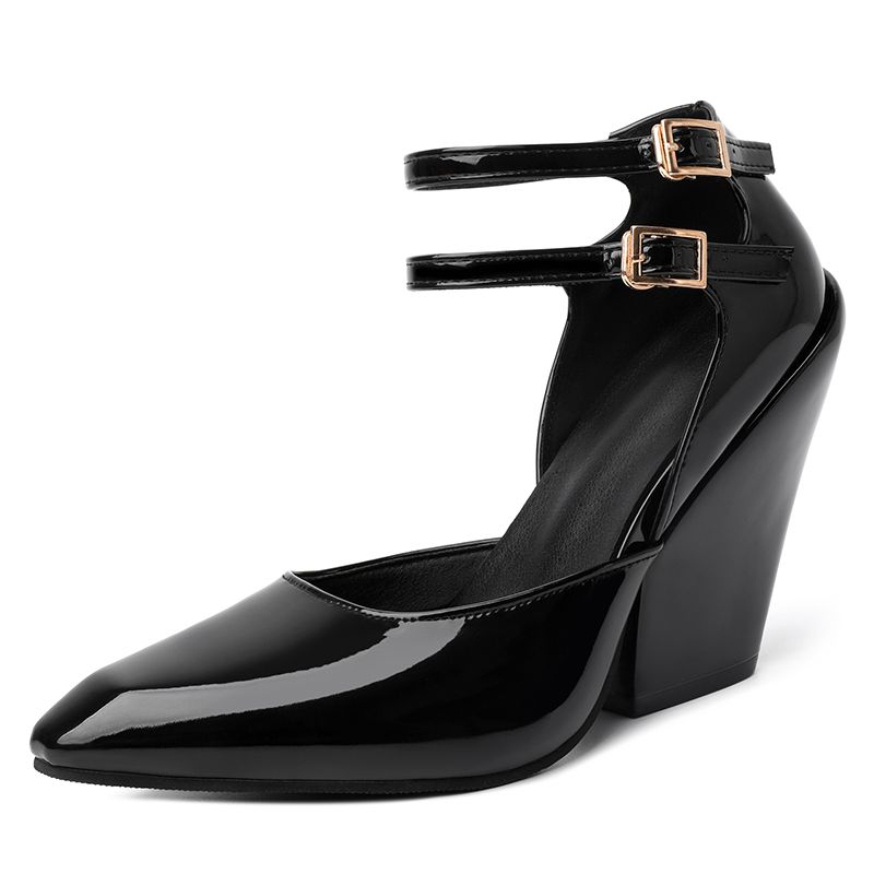 Модные FHC 2024 Весна Кожаные Клинья Высокие Каблуки, Женские Туфли-Лодочки, Сексуальные Неглубокие Туфли Мэри Джейн, 11 см, Ремешки с Пряжками на Щиколотке, Красные, Черные, Белые, Дропшиппинг