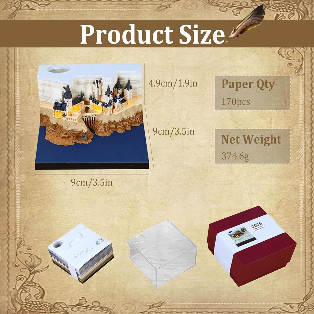 3D Memo Pads Calendar 2026,Magic Castle 3D DIY Art Memo Pad with Lights,Time Piece Calendar 2026 Tear Away Carving Sticky DIY Post Craft(Magic Castle)