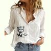 Women Fashion Buttoned Long Sleeve Shirt Ladies Casual Thin Cotton Linen Top Cat Print Long Sleeve Blouse