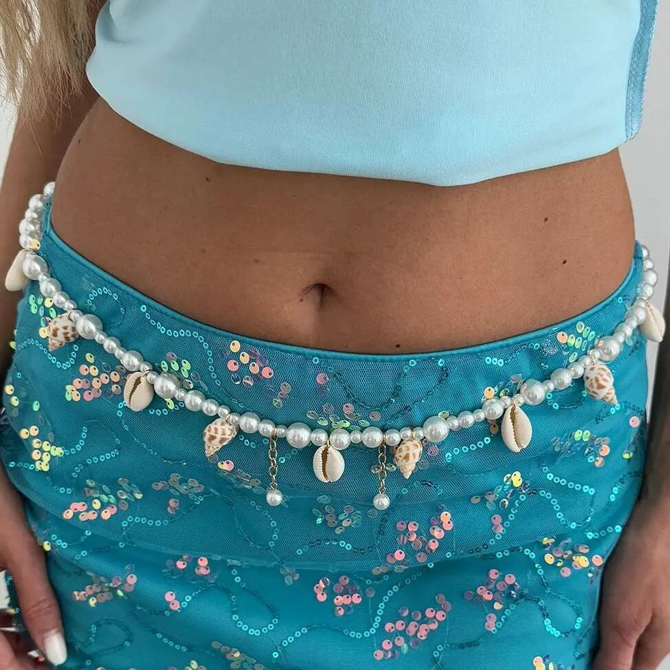 SHIXIN Bohemia Starfish Scallop Pendant Waist Chain Women New Trendy Imitation Pearl Beaded Link Bikini Belly Chain Body Jewelry