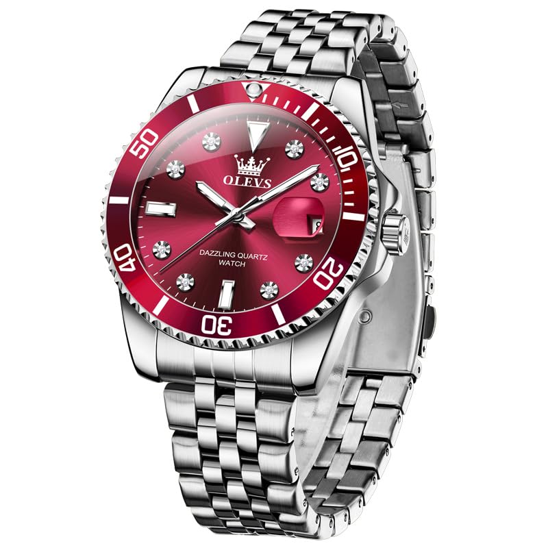 OLEVS Quartz Business Stylish Watch Waterproof Diamond Metal Band Date Luminous Present Watch for Men Red Men's Men's