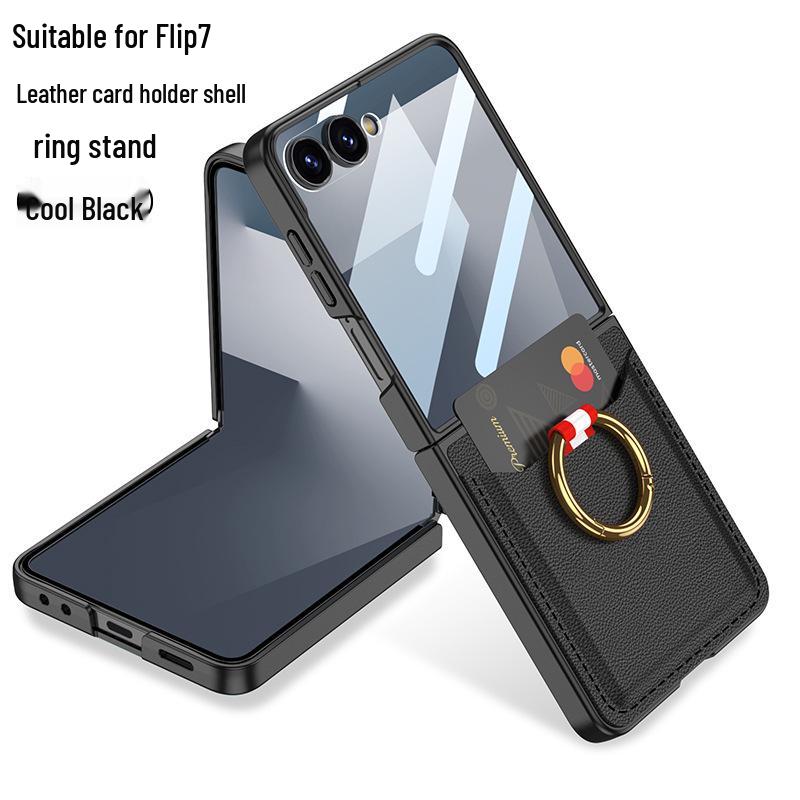 Ультратонкий кожаный чехол для Samsung Z Flip7: Полное покрытие, Держатель для карт, Кольцо, Защита от падений