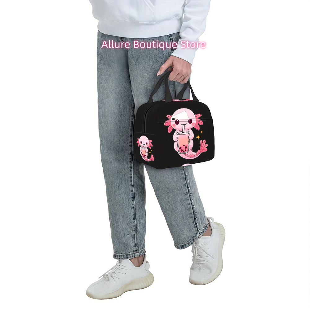 Adorable Axolotl Drinking Bubble Tea Lunch Bag - Durable Polyester, Mini Meal Carrier with Large Capacity, Perfect for Work, Sch