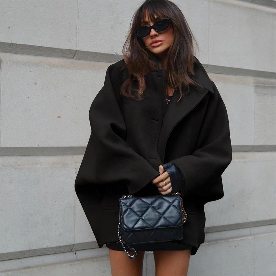 Женское свободное шерстяное пальто средней длины с лацканами и рукавами-летучими мышами NIZI8182