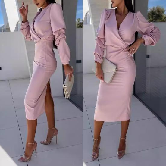 Осенне-весеннее женское платье с V-образным вырезом и рукавами-фонариками, формальное, в деловом стиле, облегающее, однотонное, с высокой талией, офисное платье миди для поездок на работу