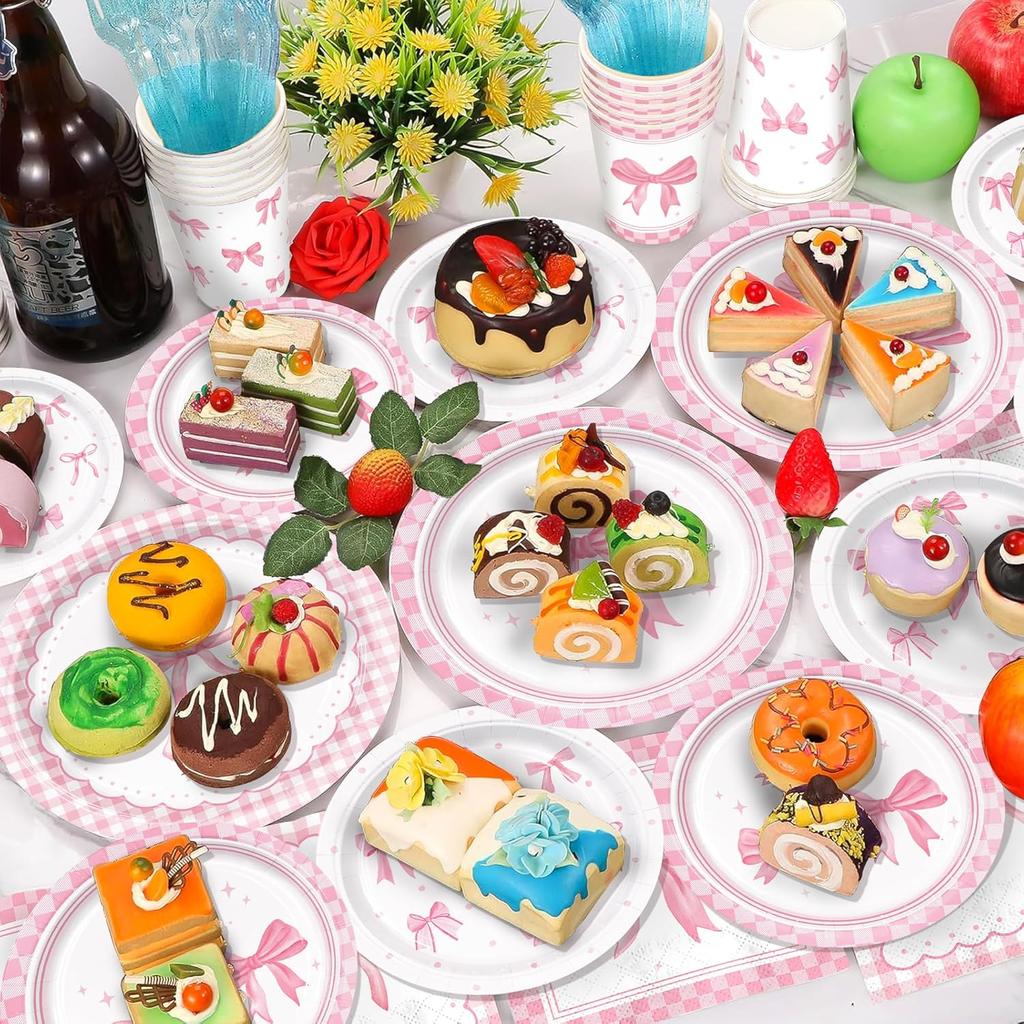 150pcs Pink Bow Party Supplies Bow Birthday Plates Napkins Paper Cup Fork Bow Birthday Decorations for Girl Bachelorette Bridal Engagement Coquette