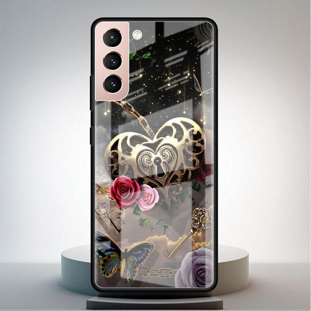 Чехол из закаленного стекла для Samsung Galaxy S22 S21 Ultra S20 Fe S10 S9 S8 S22 S21 Plus Note 20 10 Phone Funda Rose Butterfly Flower