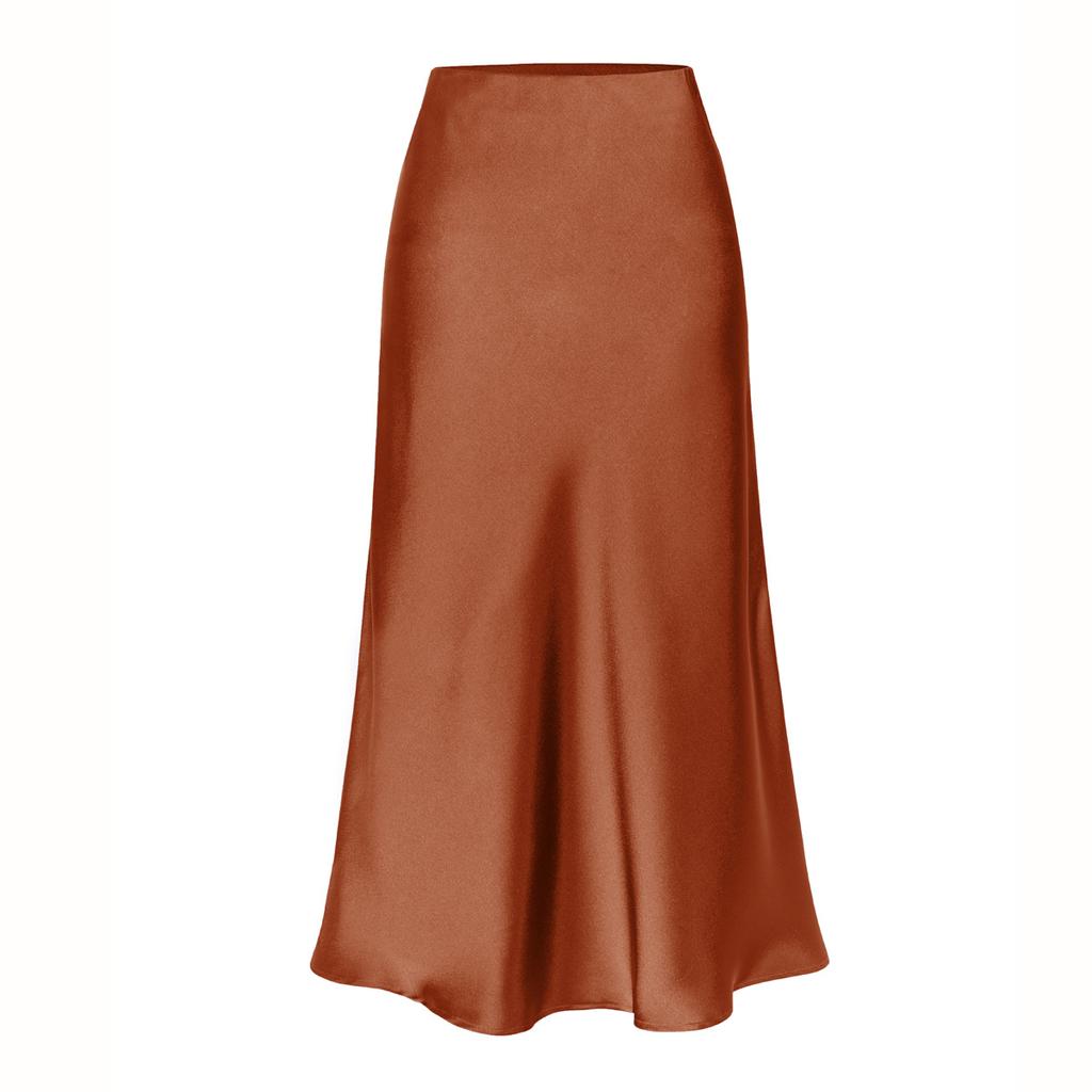 Womens Satin Silk High Waist Slit Midi Skirt Elastic Waistband Midi Skirts for Women