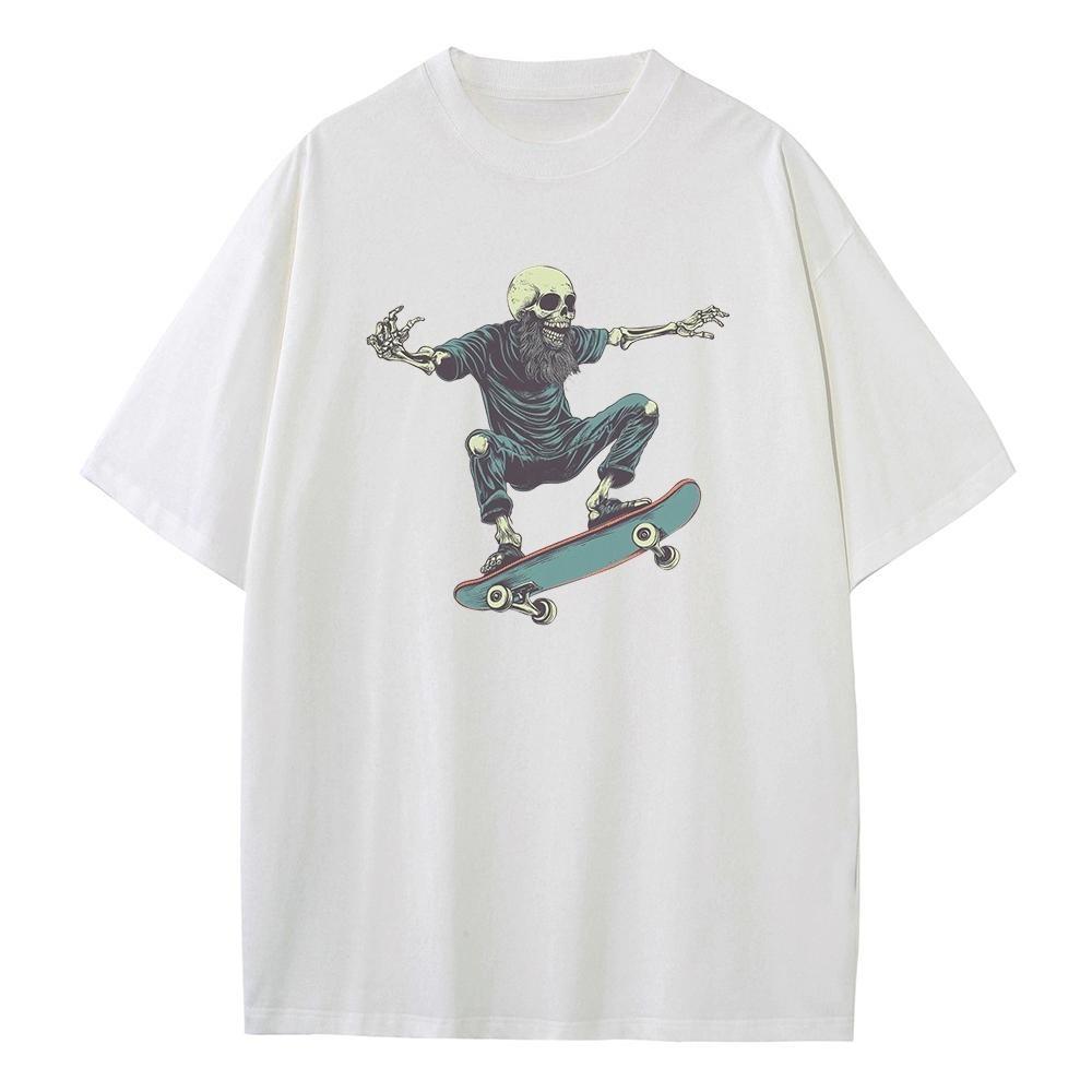Summer T Shirt Baggy Style Pure Cotton Drop Shoulder Unisex Tops Skateboard Skeleton Retro Graphic T Shirts Breathable Print
