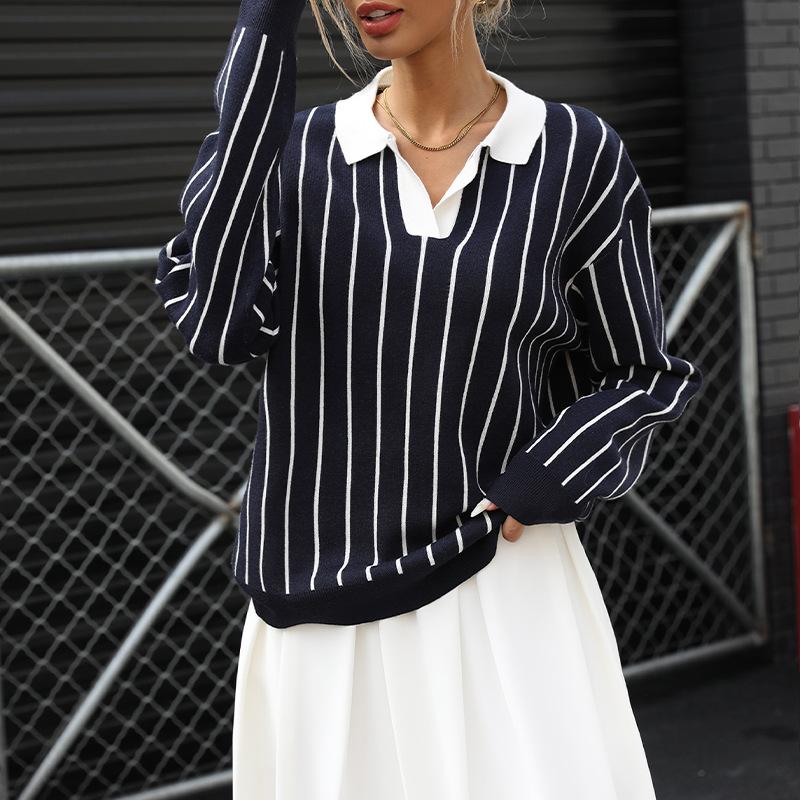 New Autumn College Casual Street Trend Lapel Striped Women's Sweater