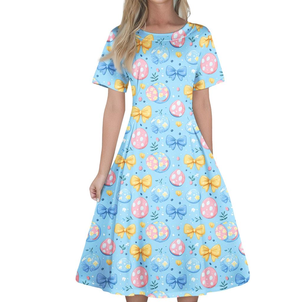 Женское повседневное модное платье с пасхальным принтом, круглое платье с коротким рукавом и талией, средней длины (с молнией)