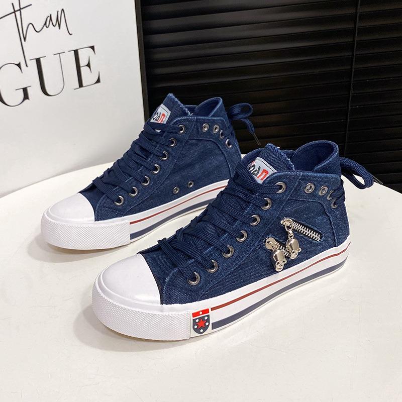 Холщовые туфли женские ковбойские высокие повседневные 2025 весна-осень ретро большого размера кеды для женщин на шнуровке вулканизированные туфли