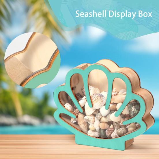 Wooden Shell Display Case Handcrafted Rustic Sea Shell Shadow Box Seashell Shaped Storage Display Box Home Office Desktop Decoration