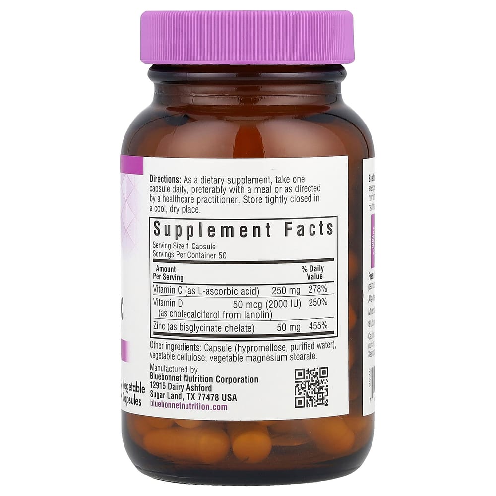 Bluebonnet Nutrition Витамин C, D3 и Цинк Вегетарианские Капсулы, 50 Штук