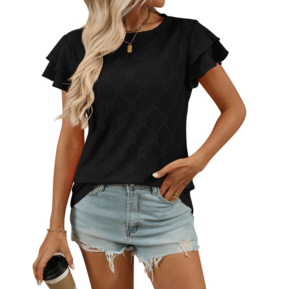 Women's Spring Summer Solid Color Round Neck Sweet Short Sleeved T-shirt Hollowed Out Top Shirt