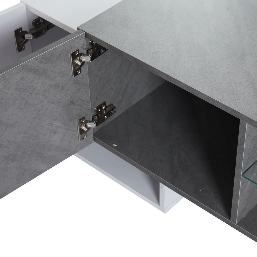 TV Schrank, TV Lowboard Moderner 60/65/70 Zoll Fernseher, TV Ständer 4 Türen, Glasböden, TV Bank Wohnzimmer Schlafzimmer, TV Möbel, Weiß & Grau