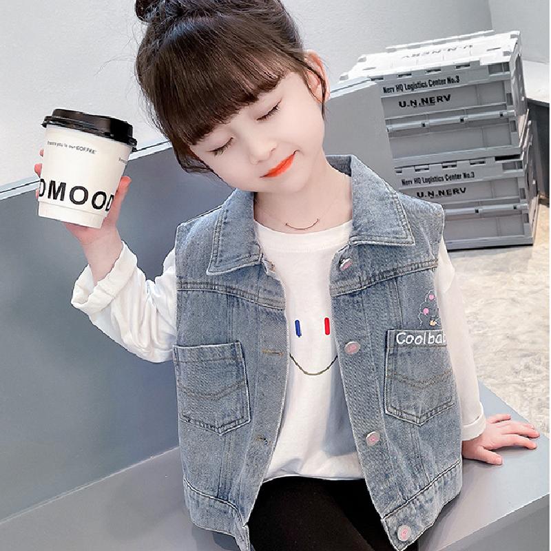 Джинсовый жилет для девочек Bear, модная детская одежда на весну и осень, безрукавки для девочек, топы для малышей