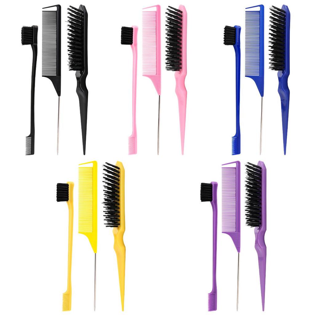 3-Piece Hair and Brow Styling Set: Teasing Brush, Edge Brush, Steel Needle Tail Comb, Dual-Headed Eyebrow Brush
