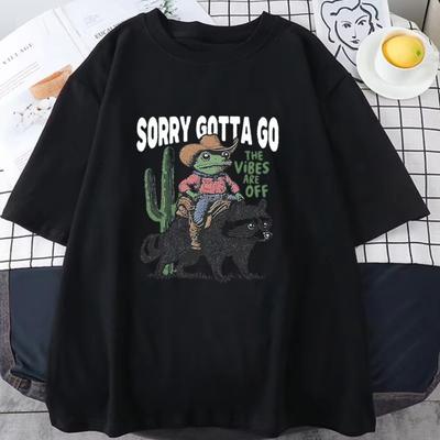 Sorry Gotta Go the Vibes Are Off Letter Print T-shirt Frog Raccoon Graphic Men Women Top Funny Retro Daily Wear Cool Top