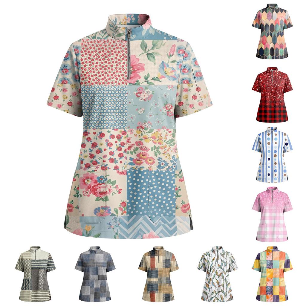 Женская футболка с коротким рукавом, принтом, V-образным вырезом, застегивающаяся на пуговицы, с боковым разрезом