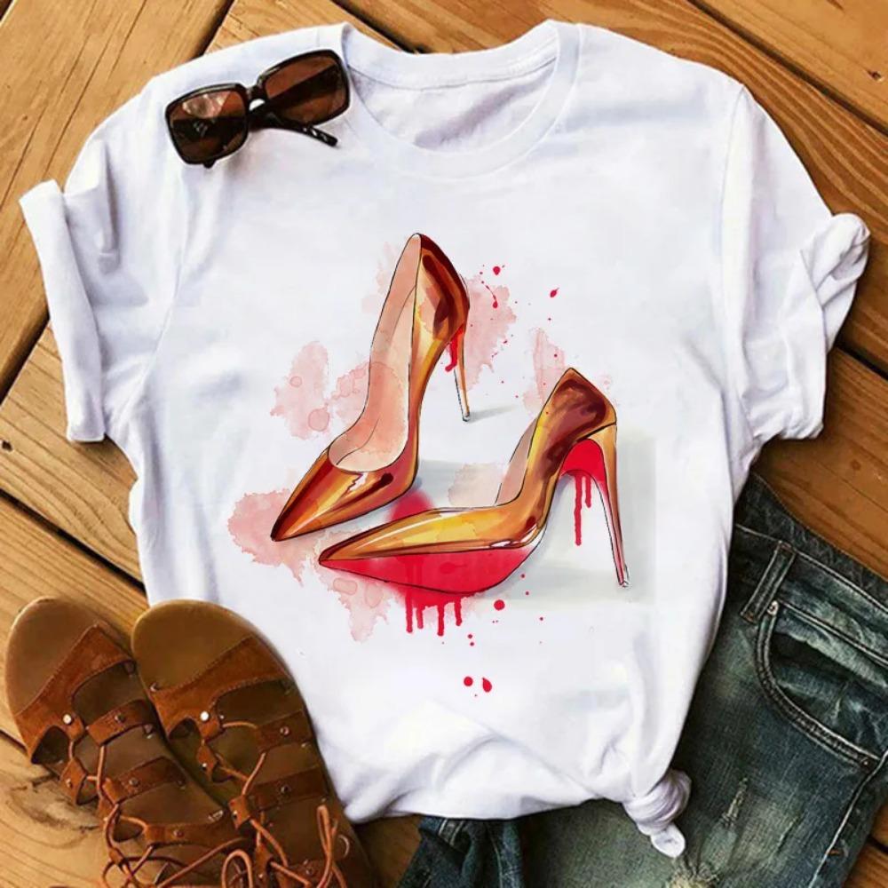 New Fashion High Heels Personalized Printed Women's Summer Short Sleeve T-shirt Casual Tops Oversized T Shirt Harajuku Tee