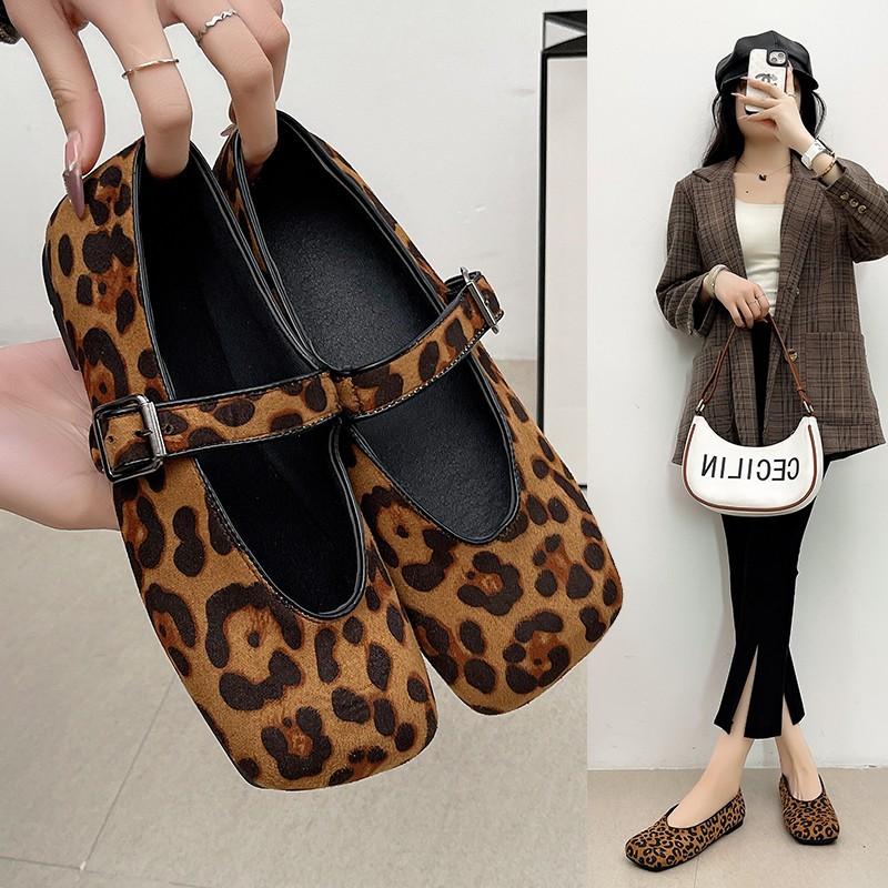 2025 New Horsehair Mary Jane Retro Round Head Ballet Shallow Mouth One-word Buckle Flat Bottom Leopard Print Single Shoes Women's Shoes