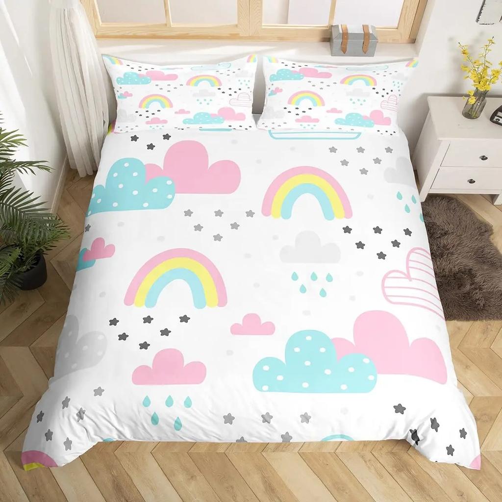 Red Valentine'S Day Rainbow Duvet Cover Twin Size,Cartoon Love Heart Bedding Set For Girls Women Moon Leaves Comforter Cover