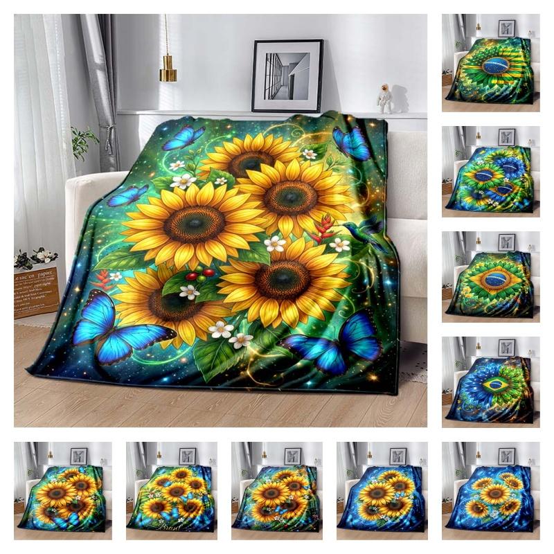 Sunflower & Blue Butterfly Print Flannel Blanket, Starry Sky Background Cozy Throw