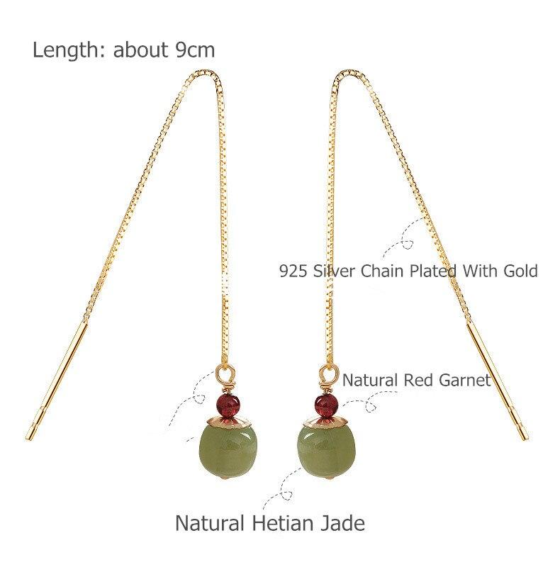 Цепочка из стерлингового серебра 925 пробы, нефритовый хэтянь, Золотая линия, длинные серьги, женские серьги с красным гранатом, бисер, ювелирные изделия, подарок для влюбленных, свадьба