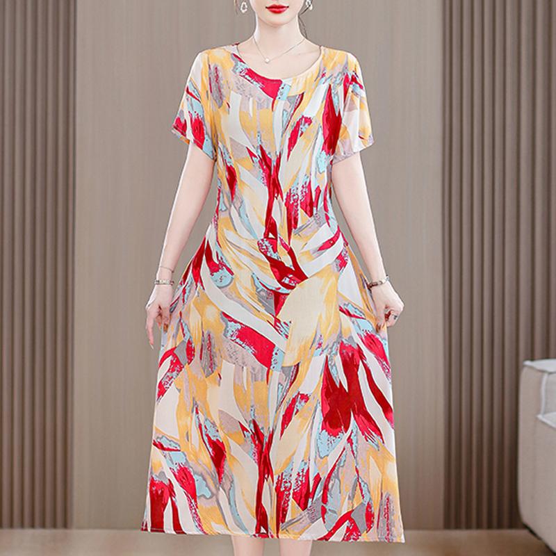 Летнее винтажное платье для женщин, повседневные платья больших размеров с короткими рукавами и поясом, элегантная женская одежда среднего возраста