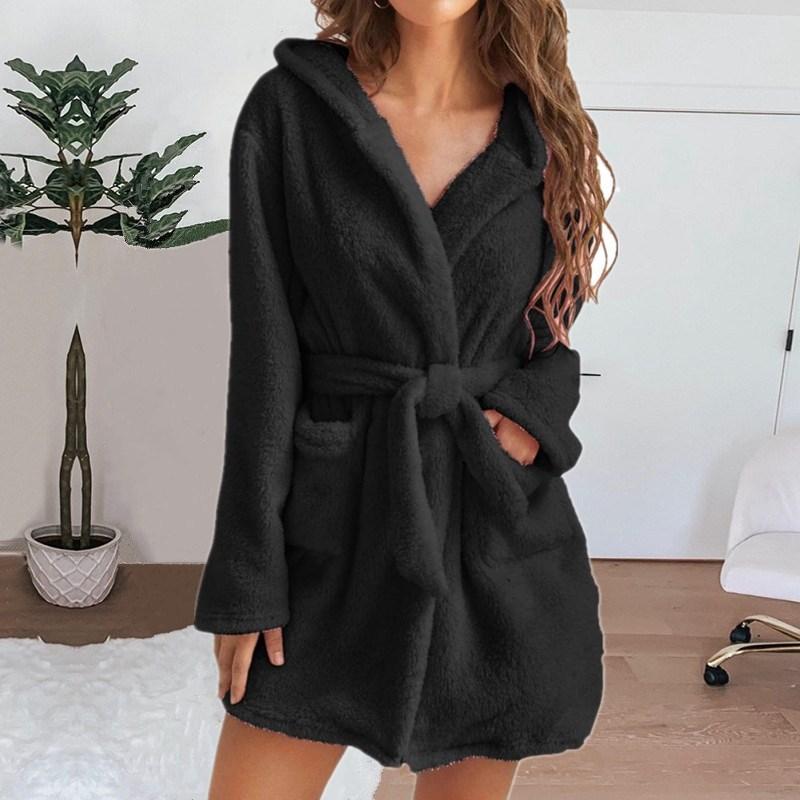 Autumn Winter Women Bath Robe Fluffy Plush Pyjamas Ladies Sexy Hooded Dressing Solid Color Gown Warm Bathrobe Female Loungewear