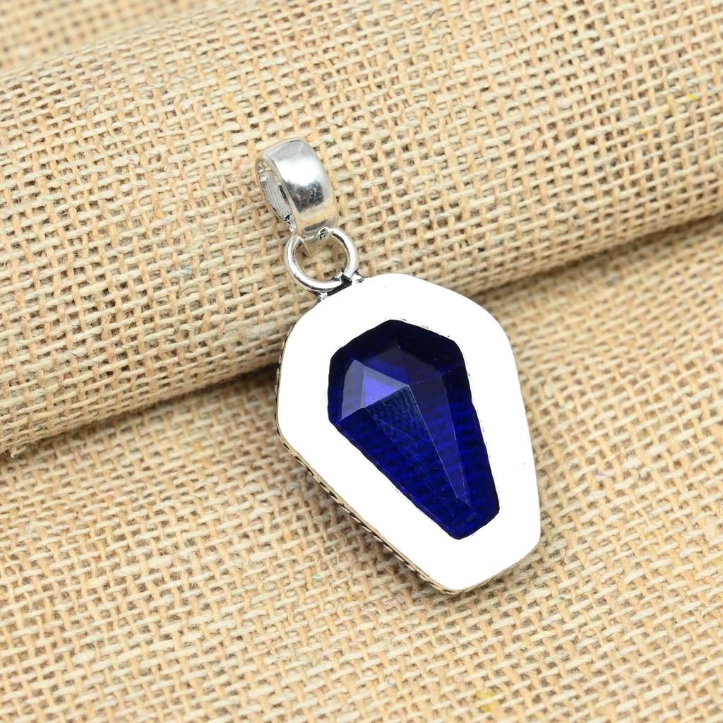 Blue Sapphire Lab-Created Gemstone Solid 925 Sterling Silver Handmade Jewelry Pendant