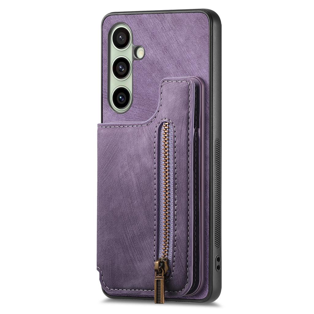 For Samsung Galaxy S25+ Case with Zipper Card Holder Retro Leather TPU Phone Cover