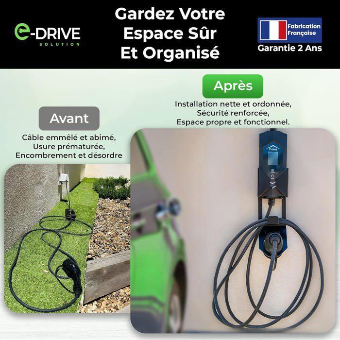 Support Câble Voiture Électrique E-Drive - Acier Thermolaqué Anti-UV, Sécurisé, Fabriqué en France, Type 2, 13x9cm