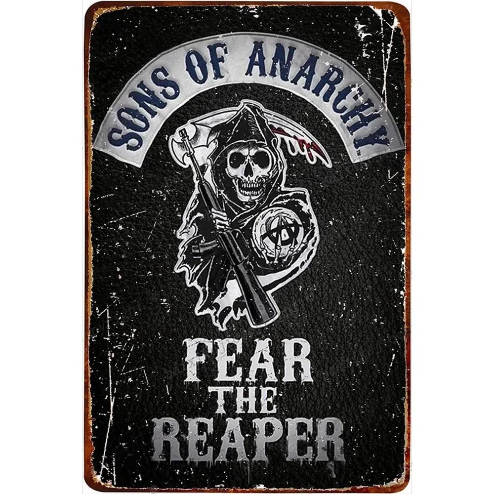 Металлическая жестяная табличка Сыны Анархии Бойся Жнеца Табличка Постер Ферма Дом Кофейня Настенное украшение Винтажная металлическая пластина 12*8 дюймов