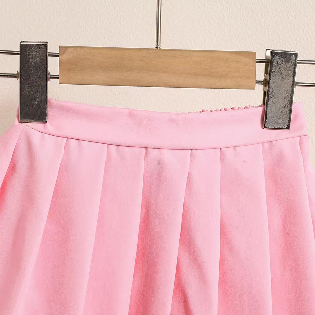 Детская одежда для девочек 4-8 лет, летний комплект, топ без рукавов с цветочным принтом + розовая плиссированная юбка, милый комплект с юбкой