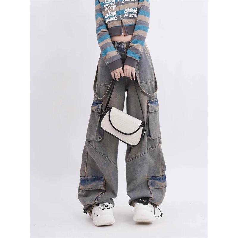 Flap Pocket Cargo Jogger Jeans Pants Women 2023 Vintage Low Rise Jean Harajuku Streetwear Straight Wide Leg Baggy Jeans Techwear Hip Hop Punk