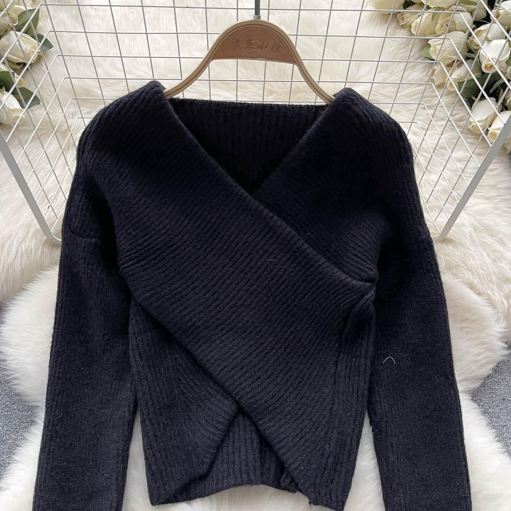 Осенне-зимний корейский свободный тонкий вязаный свитер с v-образным вырезом и нерегулярным ленивым ветром