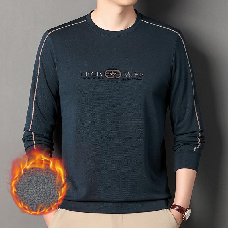 Long Sleeve Plus Fleece Thick T-shirt Autumn and Winter New Simple Casual All Matching Undershirt Hoodie Men